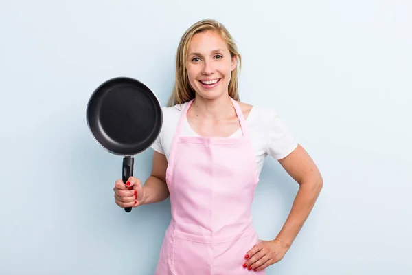Blonde Young Adult Woman Smiling Happily Hand Hip Confident Chef — Fotografia de Stock