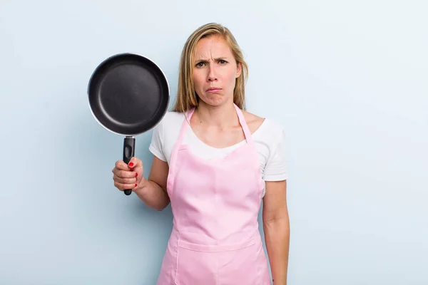 Blonde Young Adult Woman Feeling Puzzled Confused Chef Concept — Fotografia de Stock