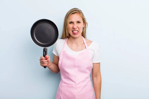Blonde Young Adult Woman Feeling Disgusted Irritated Tongue Out Chef — Fotografia de Stock