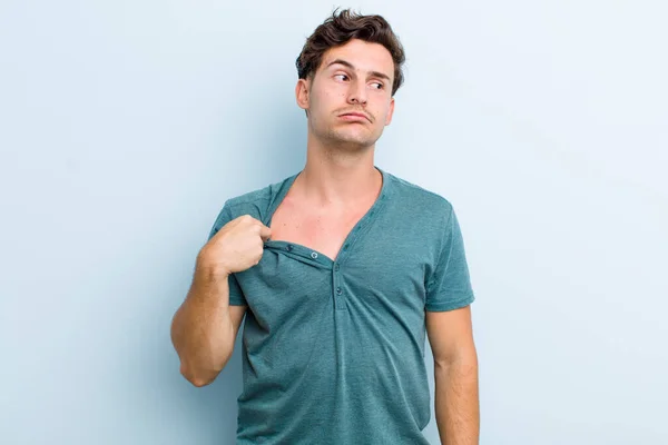 Young Handsome Man Feeling Stressed Anxious Tired Frustrated Pulling Shirt — Stock Photo, Image