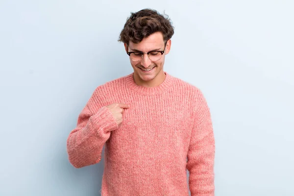 Young Handsome Man Smiling Cheerfully Casually Looking Downwards Pointing Chest — Stock Photo, Image