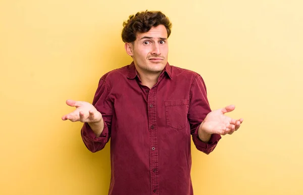 Young Handsome Man Feeling Clueless Confused Sure Which Choice Option — Stock Photo, Image