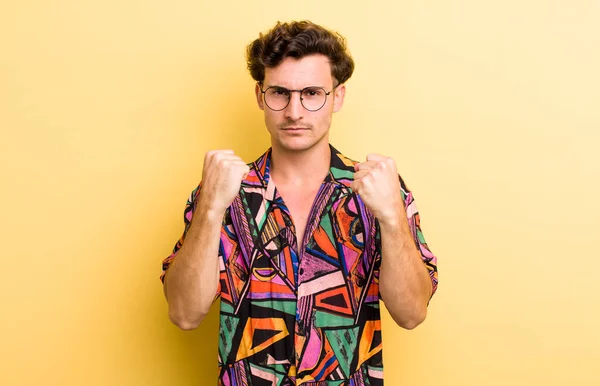 Young Handsome Man Looking Confident Angry Strong Aggressive Fists Ready — Stock Photo, Image