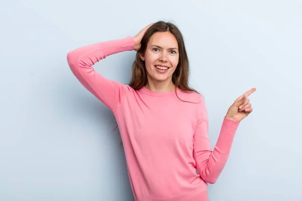 Young Adult Pretty Woman Laughing Looking Happy Positive Surprised Realizing — Stockfoto