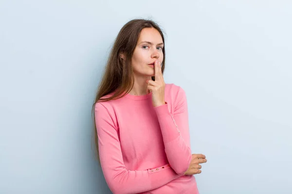 Young Adult Pretty Woman Asking Silence Quiet Gesturing Finger Front — Stockfoto