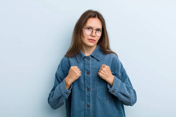 Young Adult Pretty Woman Looking Confident Angry Strong Aggressive Fists — Photo