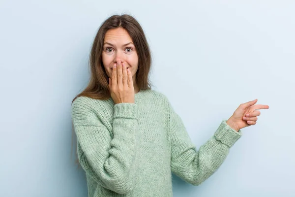 Young Adult Pretty Woman Feeling Happy Shocked Surprised Covering Mouth — Stockfoto