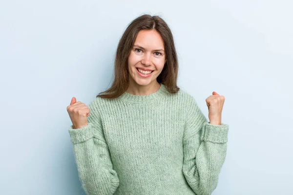 Young Adult Pretty Woman Feeling Shocked Excited Happy Laughing Celebrating — Stockfoto