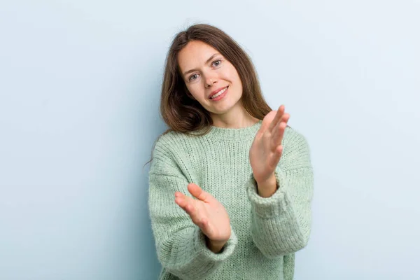 Young Adult Pretty Woman Feeling Happy Successful Smiling Clapping Hands — Stockfoto