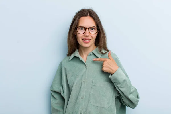 Young Adult Pretty Woman Looking Happy Proud Surprised Cheerfully Pointing — Stockfoto