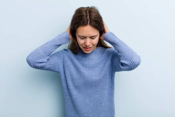 Young Adult Pretty Woman Feeling Stressed Frustrated Raising Hands Head — Stok fotoğraf