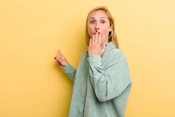 Young Adult Blonde Pretty Woman Feeling Happy Shocked Surprised Covering — Stockfoto