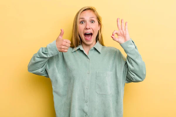 Young Adult Blonde Pretty Woman Feeling Happy Amazed Satisfied Surprised — Stockfoto