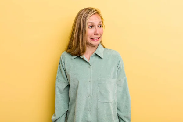 Young Adult Blonde Pretty Woman Looking Worried Stressed Anxious Scared — Stockfoto