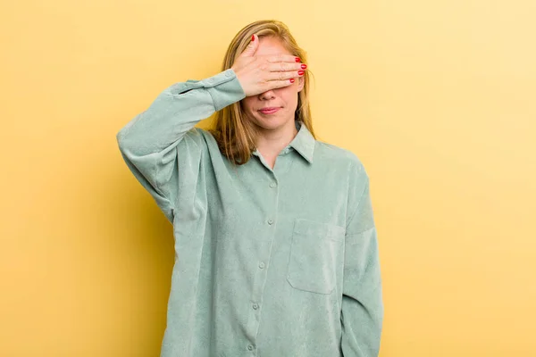 Young Adult Blonde Pretty Woman Covering Eyes One Hand Feeling — Stockfoto