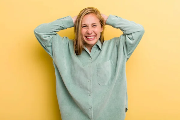 Young Adult Blonde Pretty Woman Feeling Stressed Worried Anxious Scared — Stockfoto