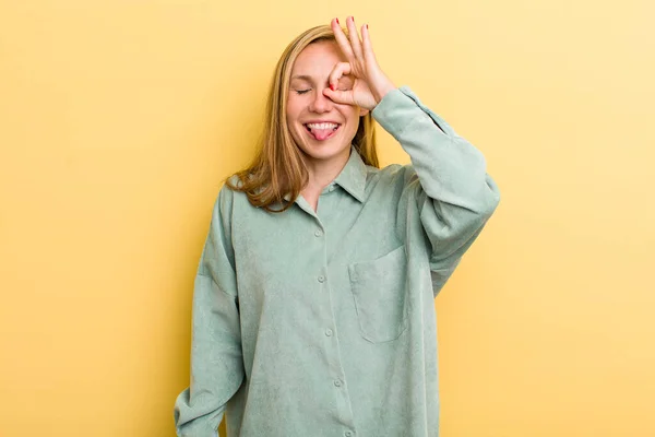 Young Adult Blonde Pretty Woman Smiling Happily Funny Face Joking — Foto Stock