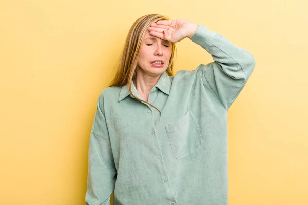 Young Adult Blonde Pretty Woman Looking Stressed Tired Frustrated Drying — Stockfoto