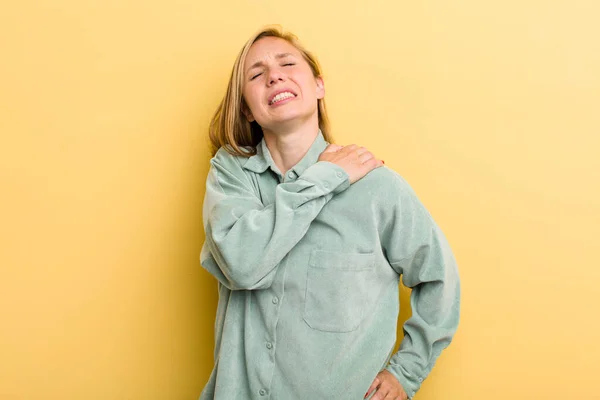 Giovane Bionda Adulta Bella Donna Sensazione Stanchezza Stress Ansia Frustrazione — Foto Stock