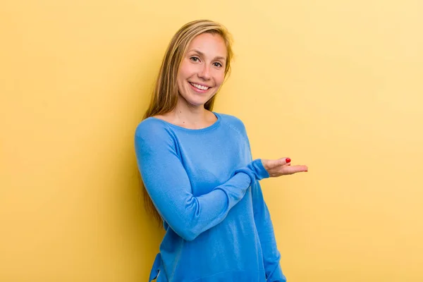 Young Adult Blonde Pretty Woman Smiling Cheerfully Feeling Happy Showing — Stockfoto