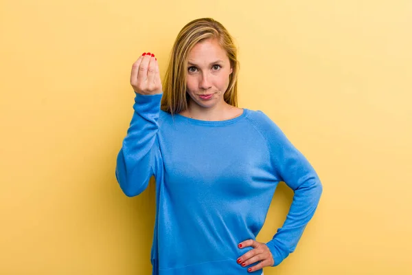 Young Adult Blonde Pretty Woman Making Capice Money Gesture Telling — Stockfoto
