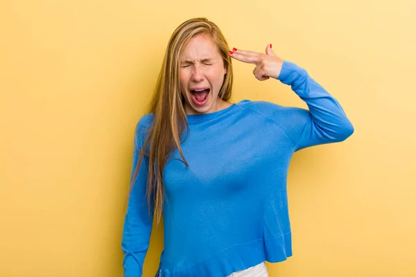 Young Adult Blonde Pretty Woman Looking Unhappy Stressed Suicide Gesture — Stock Photo, Image