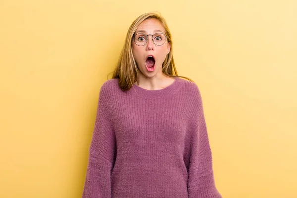 Young Adult Blonde Pretty Woman Feeling Terrified Shocked Mouth Wide — Stock fotografie