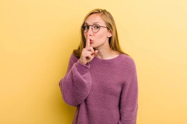 Young Adult Blonde Pretty Woman Asking Silence Quiet Gesturing Finger — Stockfoto
