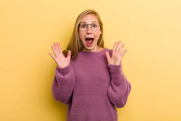 Young Adult Blonde Pretty Woman Looking Happy Excited Shocked Unexpected — Stockfoto
