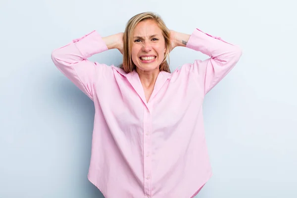 Young Adult Blonde Pretty Woman Feeling Stressed Worried Anxious Scared — Stockfoto