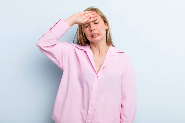 Young Adult Blonde Pretty Woman Looking Stressed Tired Frustrated Drying — Stockfoto