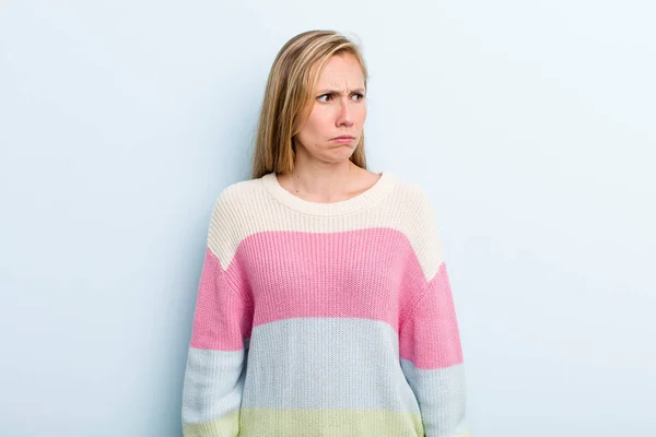 Young Adult Blonde Pretty Woman Feeling Sad Upset Angry Looking — Foto Stock