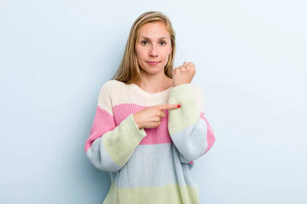 Young Adult Blonde Pretty Woman Looking Impatient Angry Pointing Watch — Stockfoto