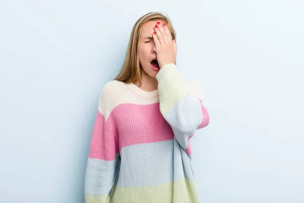 Young Adult Blonde Pretty Woman Looking Sleepy Bored Yawning Headache — Foto Stock