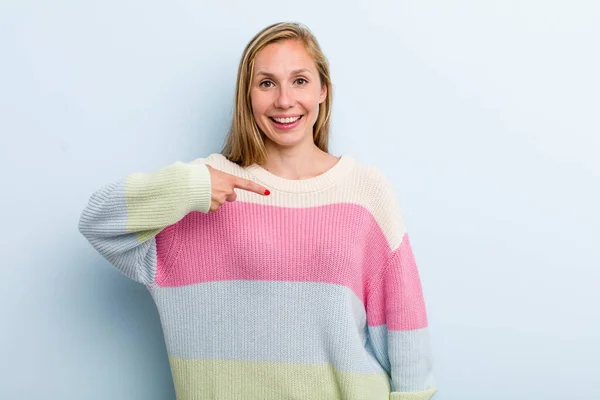 Young Adult Blonde Pretty Woman Looking Happy Proud Surprised Cheerfully — Stockfoto