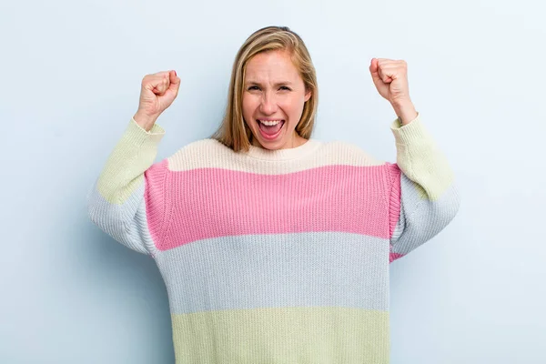 Young Adult Blonde Pretty Woman Feeling Happy Surprised Proud Shouting — Stockfoto