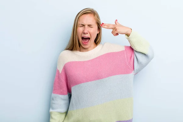 Young Adult Blonde Pretty Woman Looking Unhappy Stressed Suicide Gesture — Foto Stock