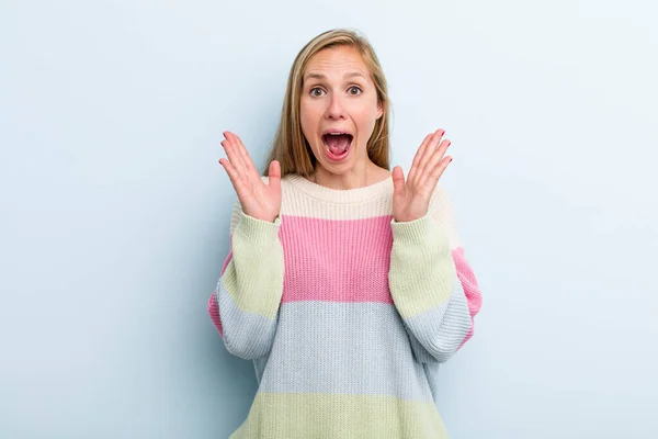 Young Adult Blonde Pretty Woman Looking Happy Excited Shocked Unexpected — Stockfoto
