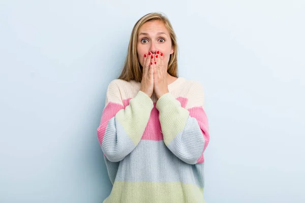 Young Adult Blonde Pretty Woman Feeling Worried Upset Scared Covering — Stockfoto