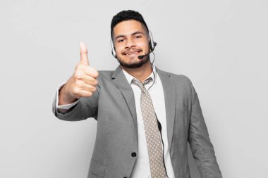 hispanic businessman happy expression telemarketer concept