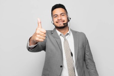 hispanic businessman happy expression telemarketer concept