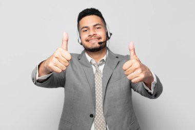 hispanic businessman happy expression telemarketer concept