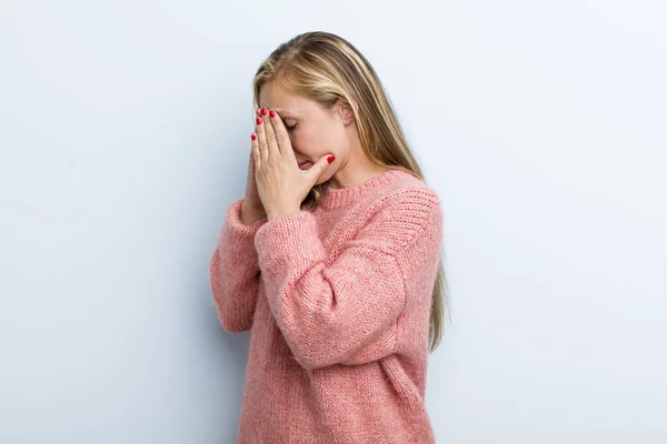 Young Adult Blonde Pretty Woman Covering Eyes Hands Sad Frustrated — Stockfoto