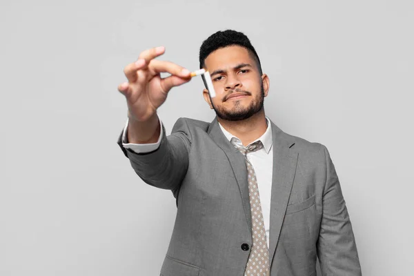 Hispanic Businessman Angry Expression Quitting Smoking Concept — Zdjęcie stockowe