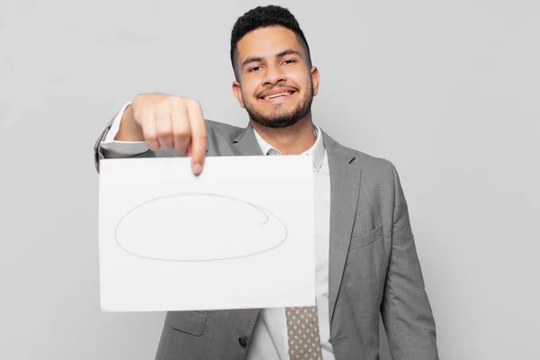 Hispanic Businessman Happy Expression Holding Sheet Paper — Stock Photo, Image