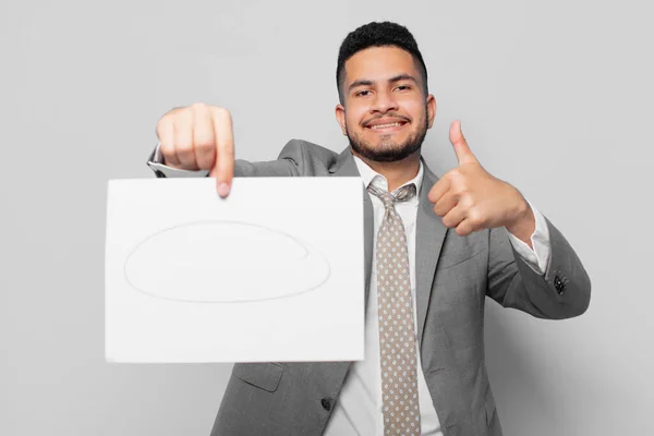 Hispanic Businessman Happy Expression Holding Sheet Paper — Stock Photo, Image
