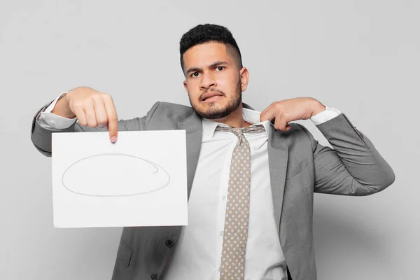 Hispanic Businessman Scared Expression Holding Sheet Paper — Stock Photo, Image
