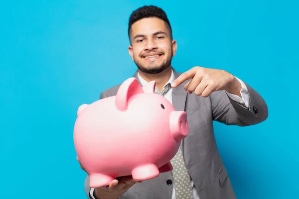 Hispanic Businessman Pointing Showing Holding Piggy Bank — Stok fotoğraf