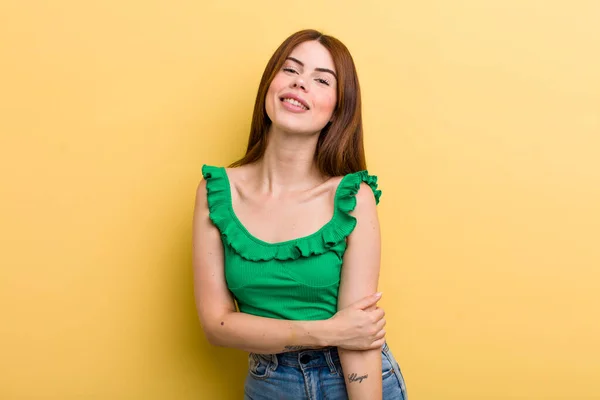 Young Adult Pretty Woman Laughing Shyly Cheerfully Friendly Positive Insecure — Stockfoto