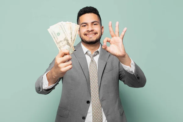 Hispanic Businessman Happy Expression Holding Dollar Banknotes — Stock Fotó